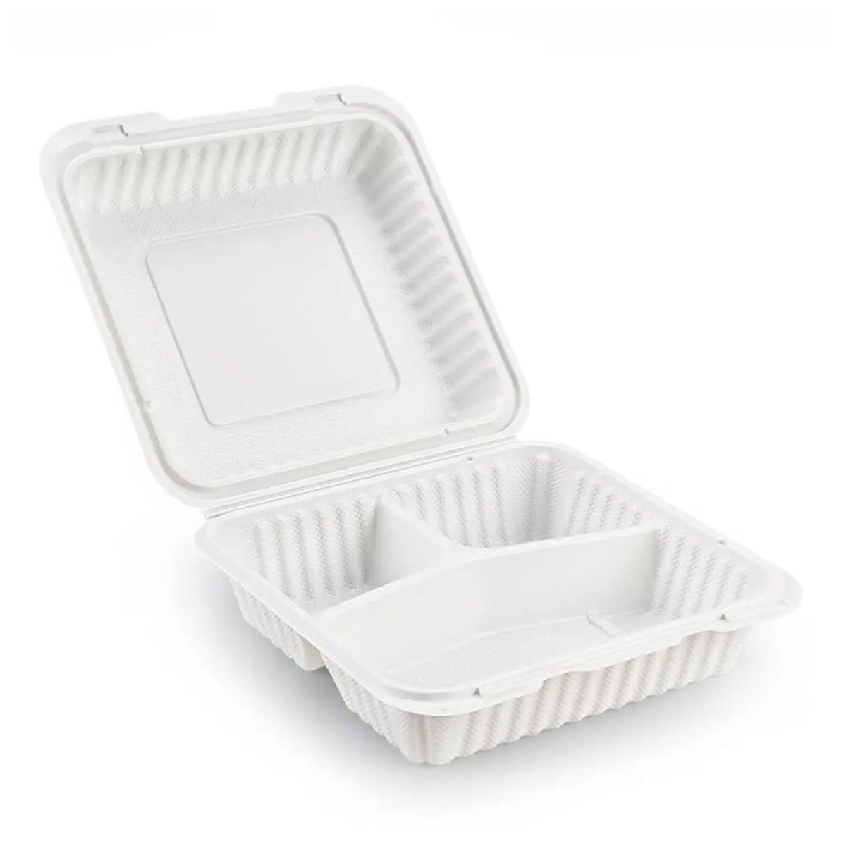 9x9x3 3 Compartment MFPP Clamshell Container, Microwave-Safe Disposable Takeout Food Box, Leak Resistant Meal Prep Container, 150/Case – product photo