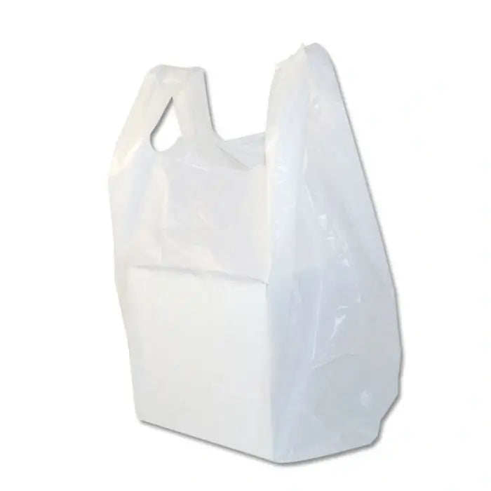 S4 White Plastic T Shirt Carry Bags Heavy Duty Shopping Bags for Retail, Grocery & Convenience Stores – product photo