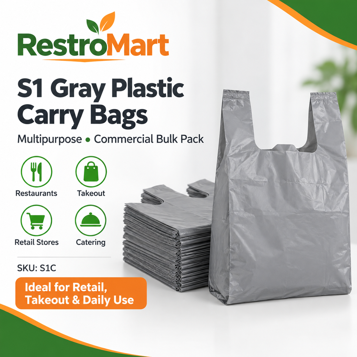 S1 Gray Plastic Carry Bags – Multipurpose Shopping Bags for Retail Stores, Takeout & Daily Use