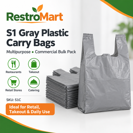 S1 Gray Plastic Carry Bags – Multipurpose Shopping Bags for Retail Stores, Takeout & Daily Use