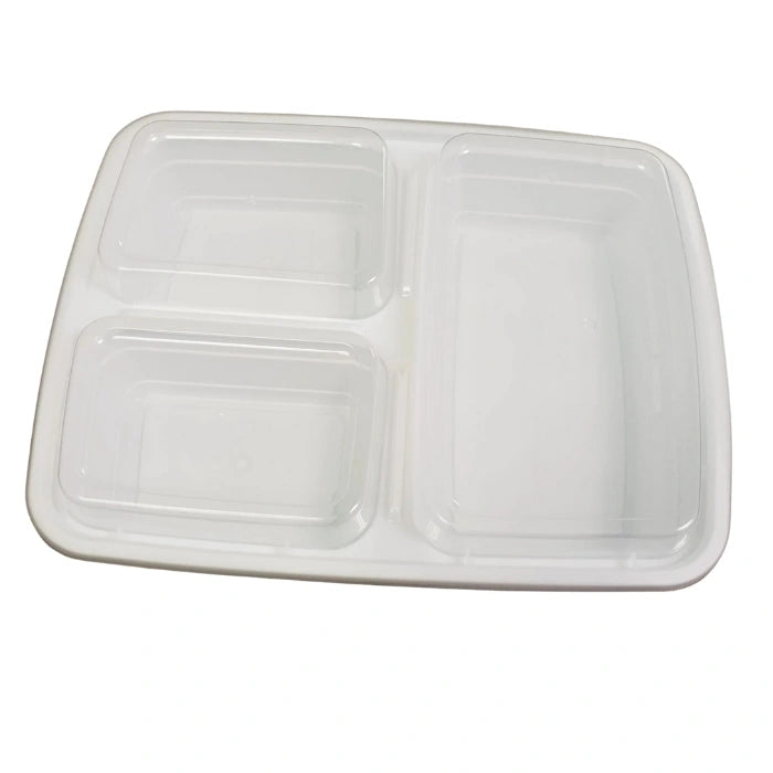 33 Oz Rectangular 3 Compartment White Base Combo Containers | Disposable Food Containers, 150/Case – product photo