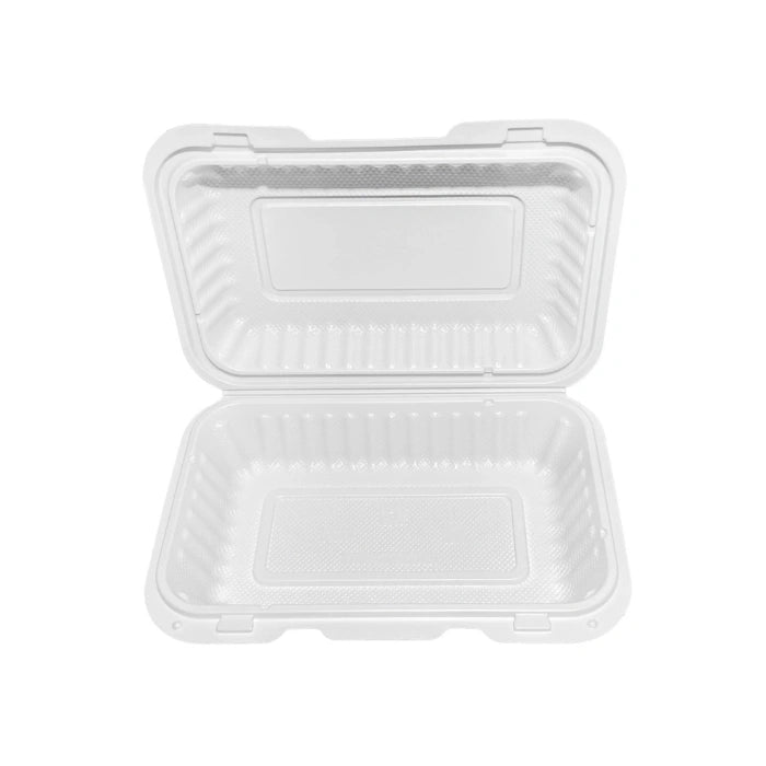 9 x 6 x 2.5 Rectangular White MFPP Clamshell Takeout Food Container, 150/Case – product photo
