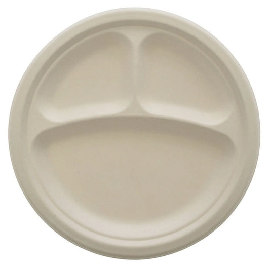 10" 3 Compartment Round Bagasse Plates for Parties & Catering, Disposable Eco-Friendly Serving Plates (500/Case) | ECOZAT – product photo