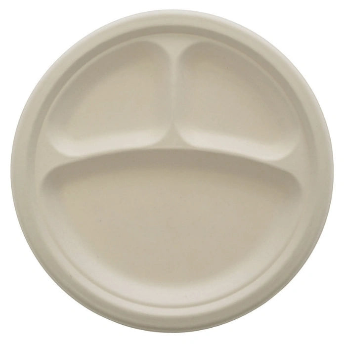 10" 3 Compartment Round Bagasse Plates for Parties & Catering, Disposable Eco-Friendly Serving Plates (500/Case) | ECOZAT – product photo