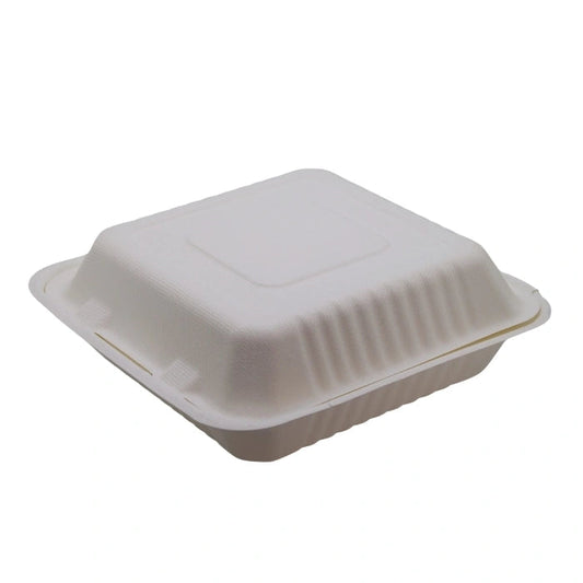 8 x 8 x 3 Bagasse Clamshell Takeout Container with 1 Compartment, Eco-Friendly Food Containers for Meal Prep & Catering (200/Case) | ECOZOE – product photo
