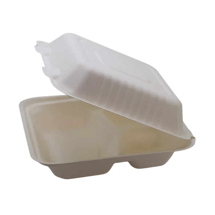8 x 8 x 3 Eco-Friendly 3 Compartment Bagasse Clamshell Food Container for Meal Prep, Catering & Food Delivery (200/Case) | ECOZOE – product photo