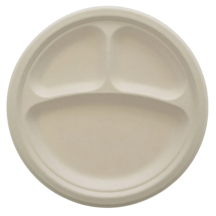 9" 3 Compartment Eco-Friendly Bagasse Round Plates, Disposable Meal Plates for Lunch, Dinner, Catering & Events (500/Case) – product photo