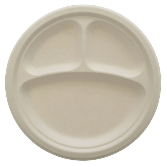 9" 3 Compartment Eco-Friendly Bagasse Round Plates, Disposable Meal Plates for Lunch, Dinner, Catering & Events (500/Case) – product photo