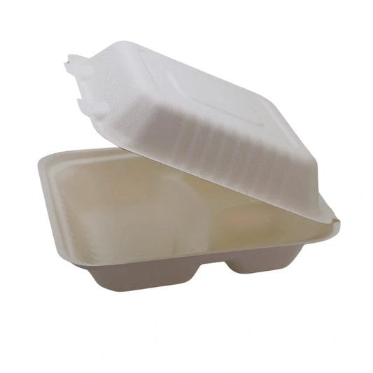 9 x 9 x 3 3 Compartment Bagasse Clamshell Containers Eco-Friendly Disposable Clamshell Food Containers for Catering & Delivery (200/Case) | ECOZOE – product photo
