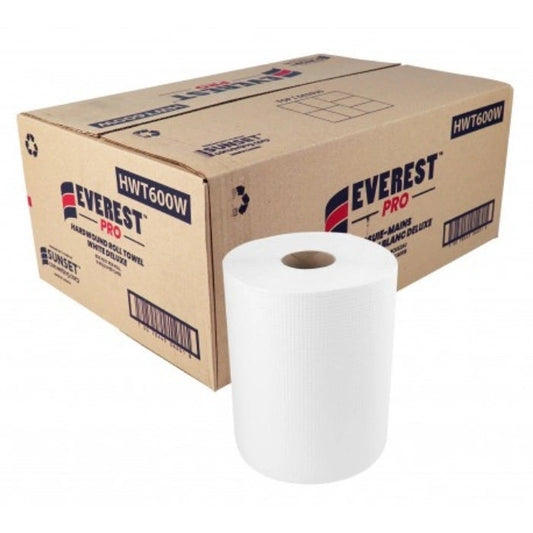 White Paper Hand Towel Rolls for Dispensers, Kitchens & Restrooms | Strong, Absorbent & Cost Effective 600' x 6 Rolls/Case | EVEREST PRO – product photo