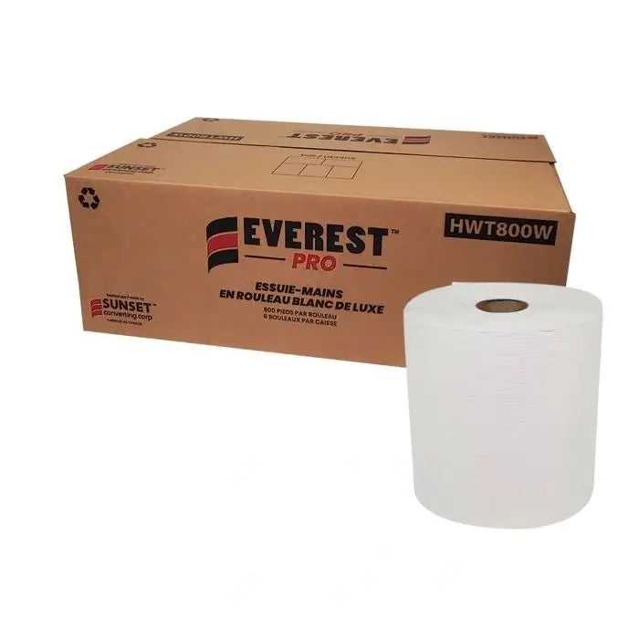 White Paper Hand Towels Rolls for Food Service, Restrooms & Commercial Cleaning 800' x 6 Rolls/Case | EVEREST PRO – product photo