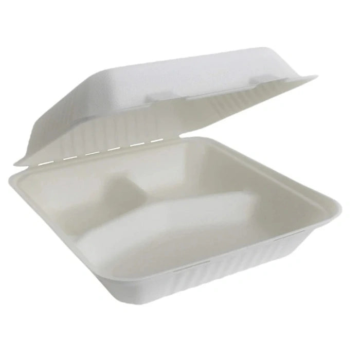8 x 8 Rectangular White 3 Compartment MFPP Clamshell Takeout Food Container, Microwave-safe, 150/Case – product photo