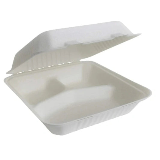 8 x 8 Rectangular White 3 Compartment MFPP Clamshell Takeout Food Container, Microwave-safe, 150/Case – product photo
