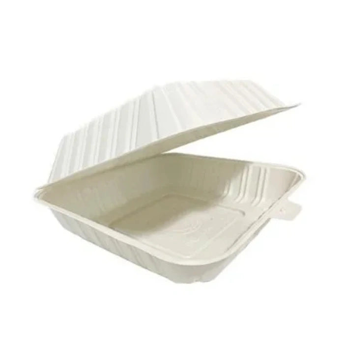 9 x 9 x 3 MFPP Clamshell Takeout 1 Compartment Container – Disposable Food Packaging Box – Durable Microwave-Safe Meal Prep & Delivery Container – 150/Case – product photo