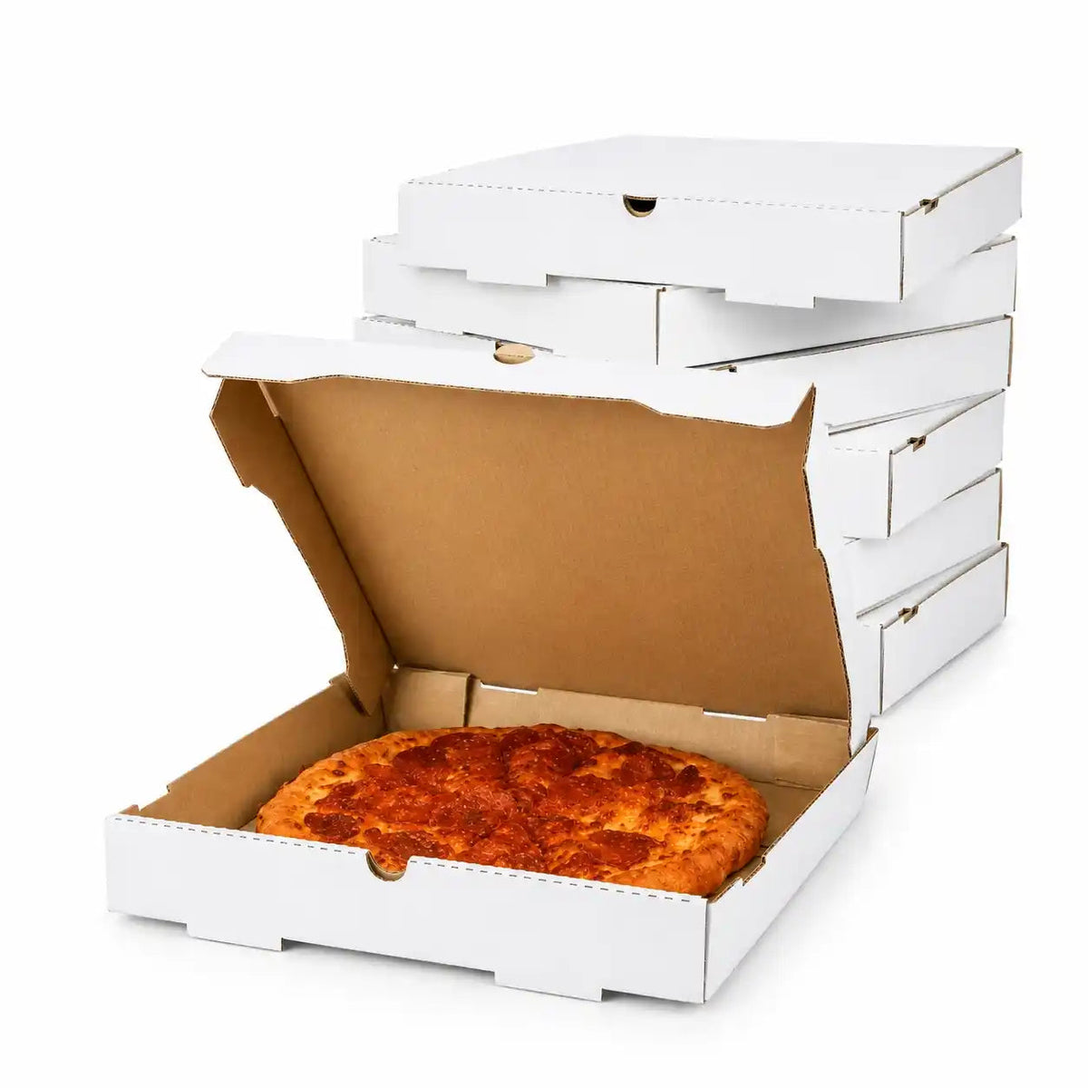 14" x 14" White Corrugated Pizza Box Wholesale for Pizza Delivery, Takeout & Restaurant Supply (50/Case) – product photo