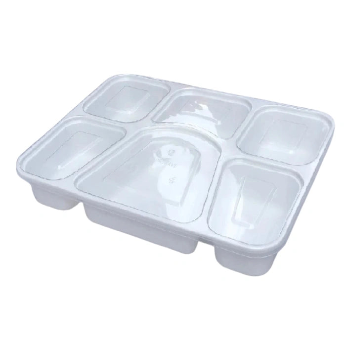 Rectangular White 6 Compartment Takeout Thali with Lids, Heavy Duty Meal Thali, 100/Case – product photo
