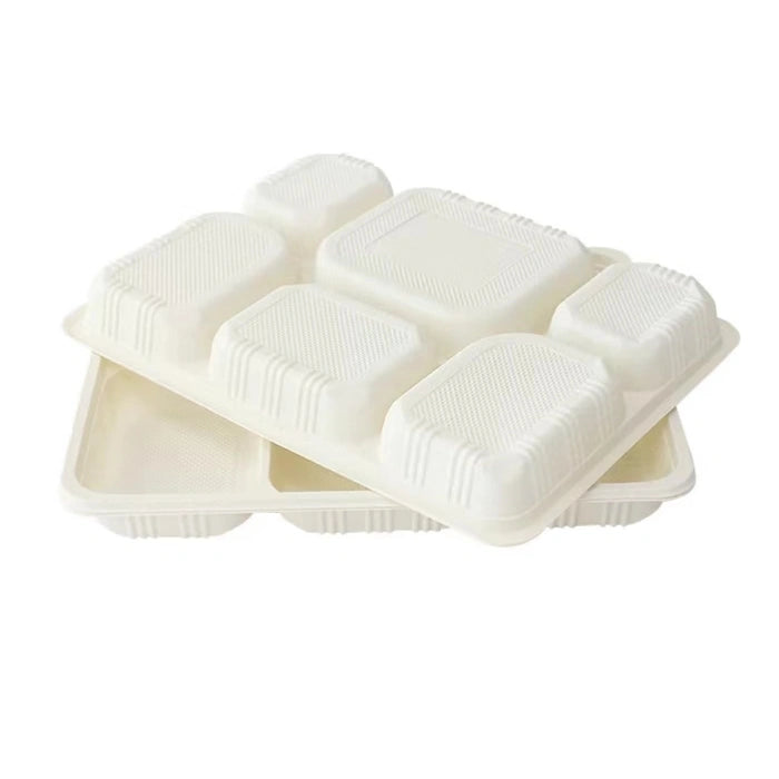 White Rectangular Corn Starch 6 Compartment Thali for Eco-Friendly Catering, 40/Case – product photo