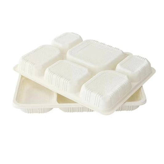 White Rectangular Corn Starch 6 Compartment Thali for Eco-Friendly Catering, 40/Case – product photo