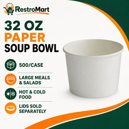 RestroMart 32 oz White Paper Soup Bowls – 500/Case feature graphic