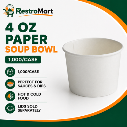 RestroMart 4 oz White Paper Soup Bowls – 1,000/Case feature graphic