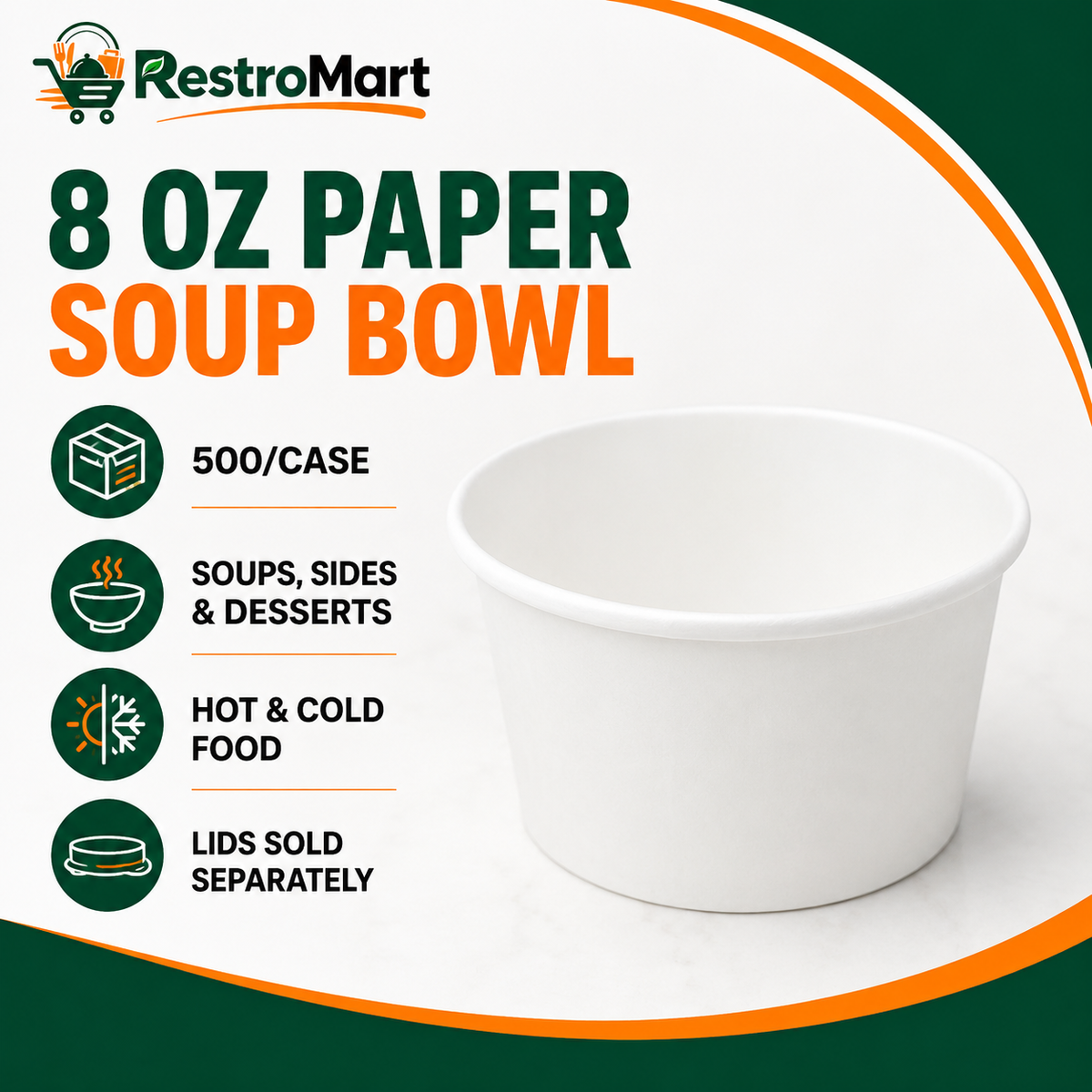 RestroMart 8 oz White Paper Soup Bowls – 500/Case feature graphic