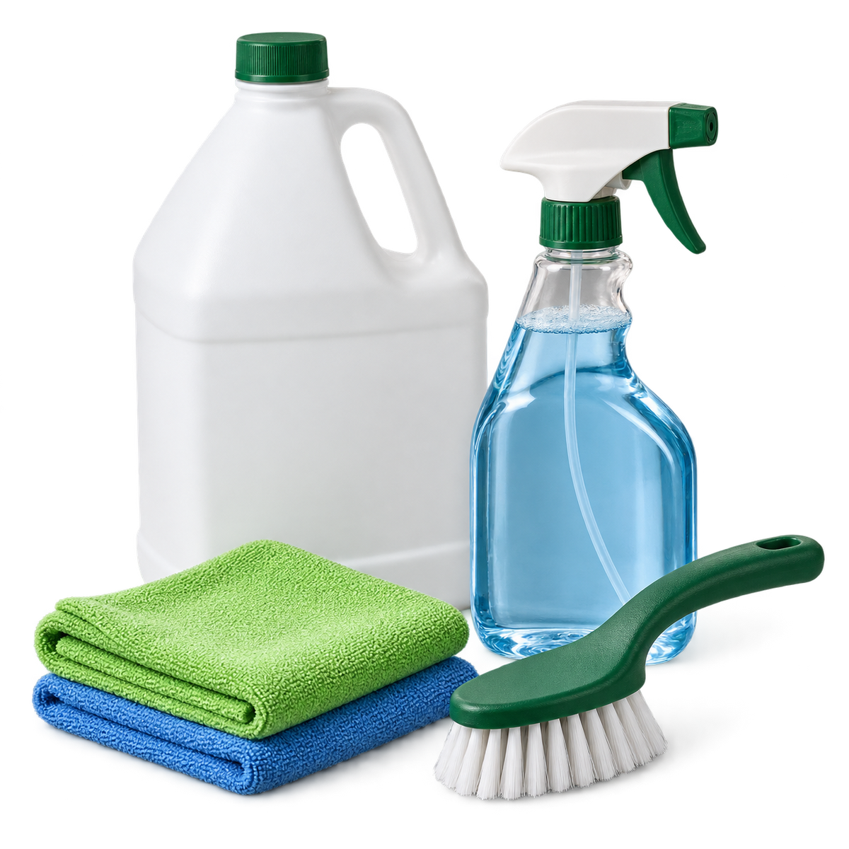 Unlabelled cleaning bottles, cloths and brush