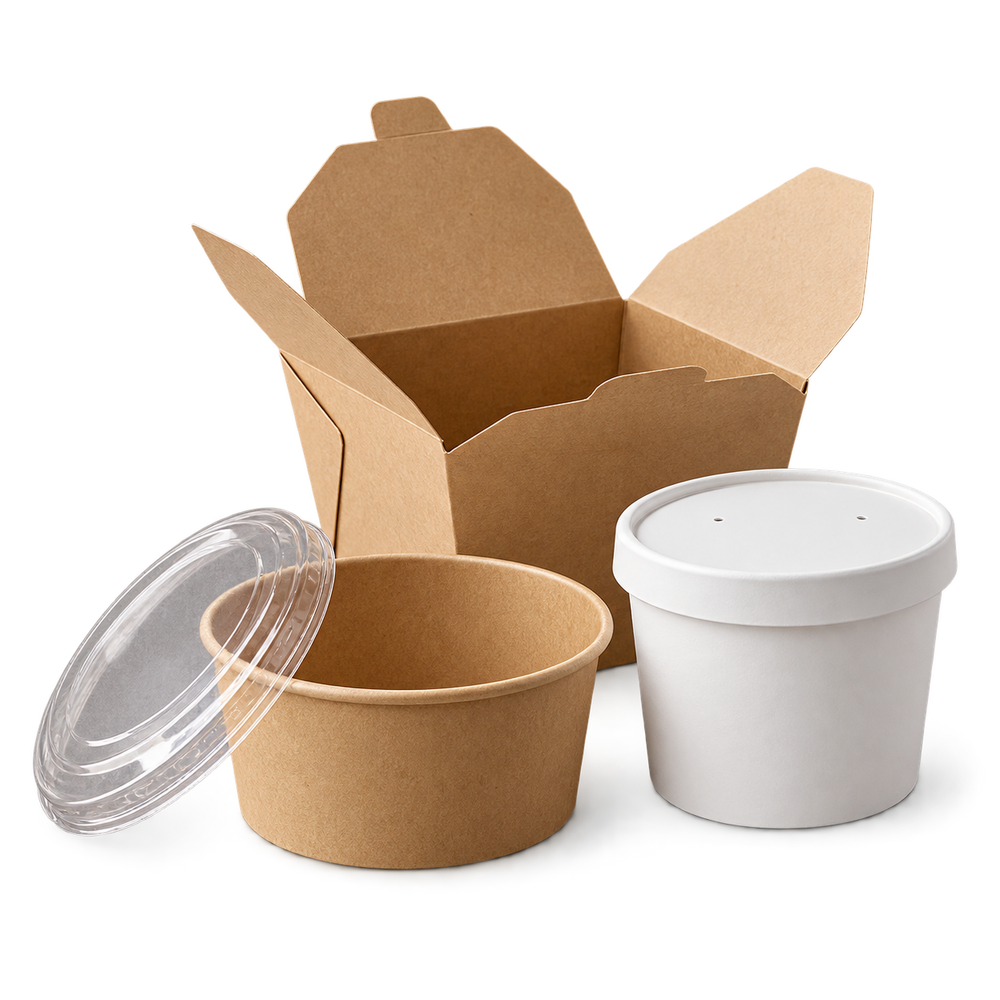 Kraft takeout box, kraft bowl and white soup bowl