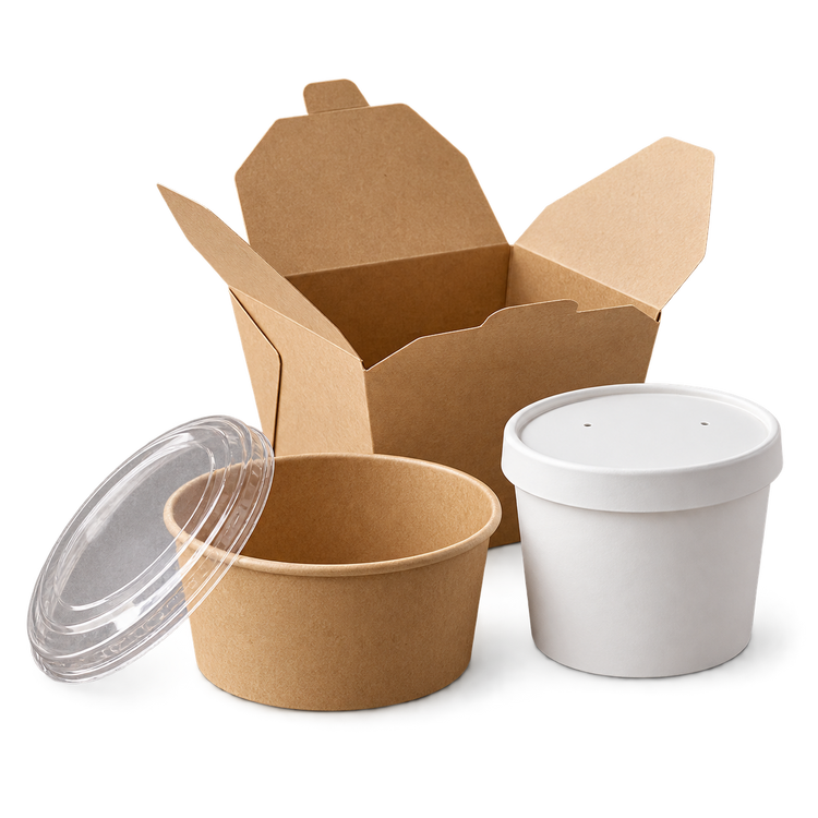 Kraft takeout box, kraft bowl and white soup bowl