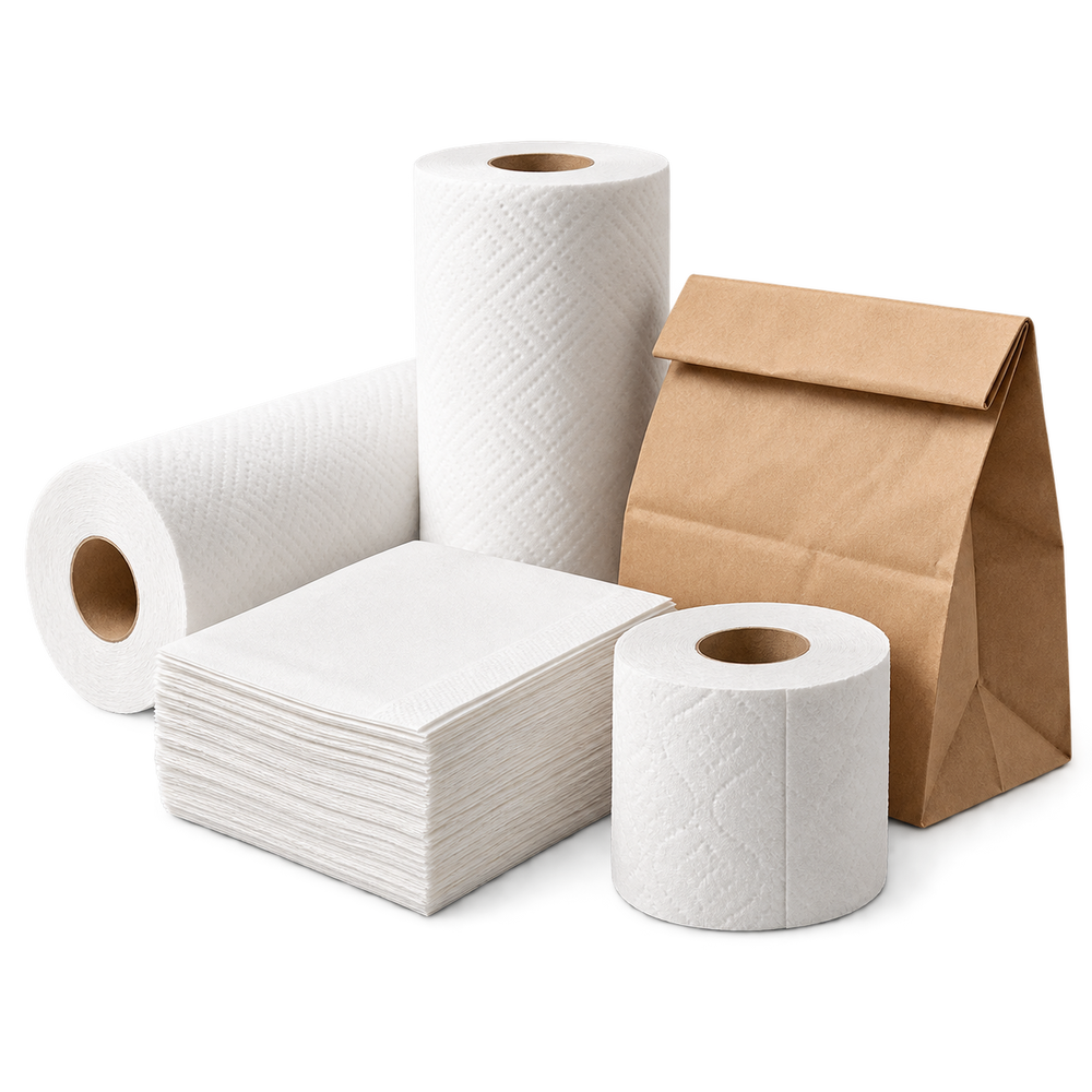 Paper rolls, folded napkins and a kraft bag