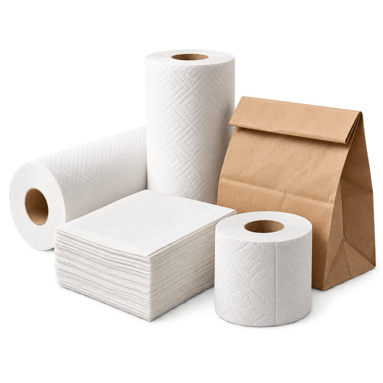Paper rolls, folded napkins and a kraft bag