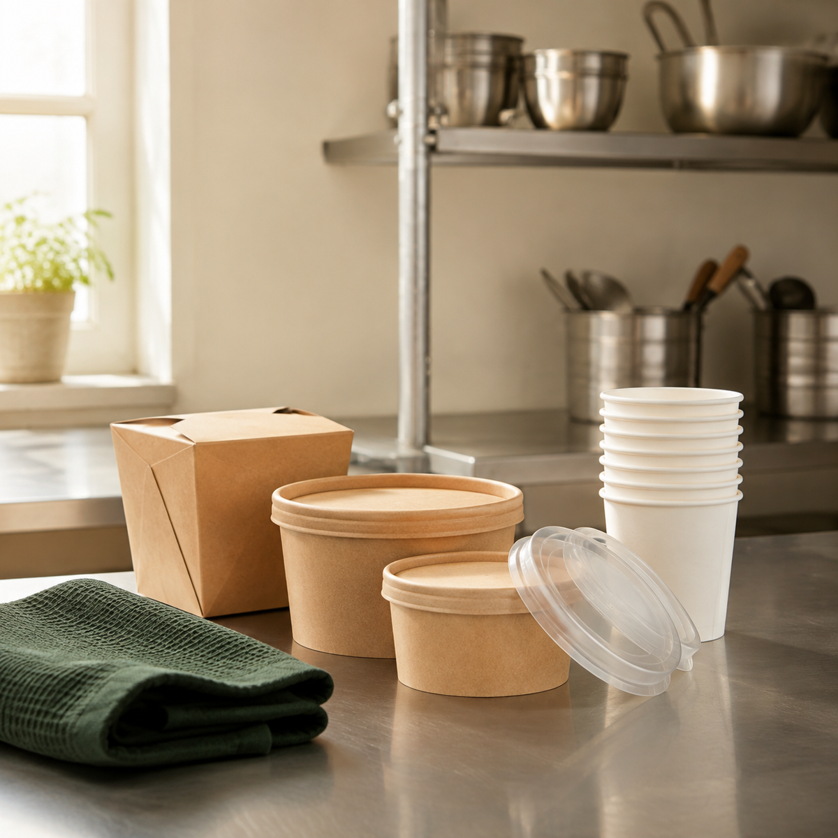 Restaurant takeout packaging on a commercial prep counter.
