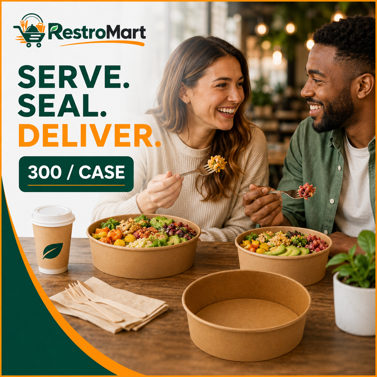 26 oz kraft paper bowl used in a casual food-service setting