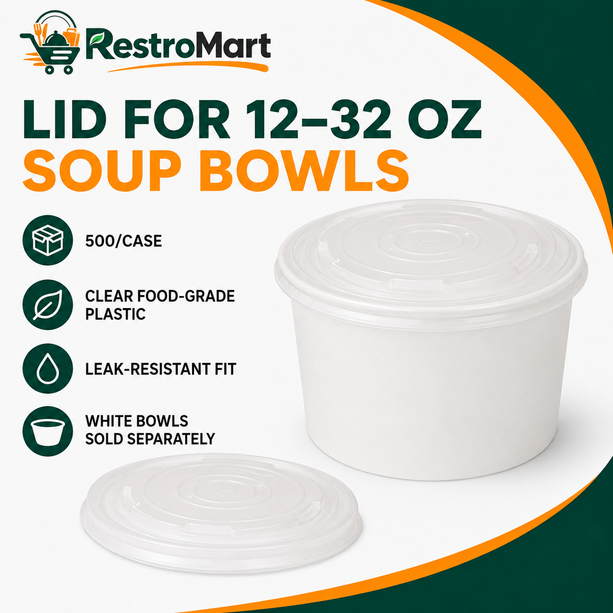 RestroMart Clear Plastic Lids for 12–32 oz Paper Soup Bowls – 500/Case feature graphic