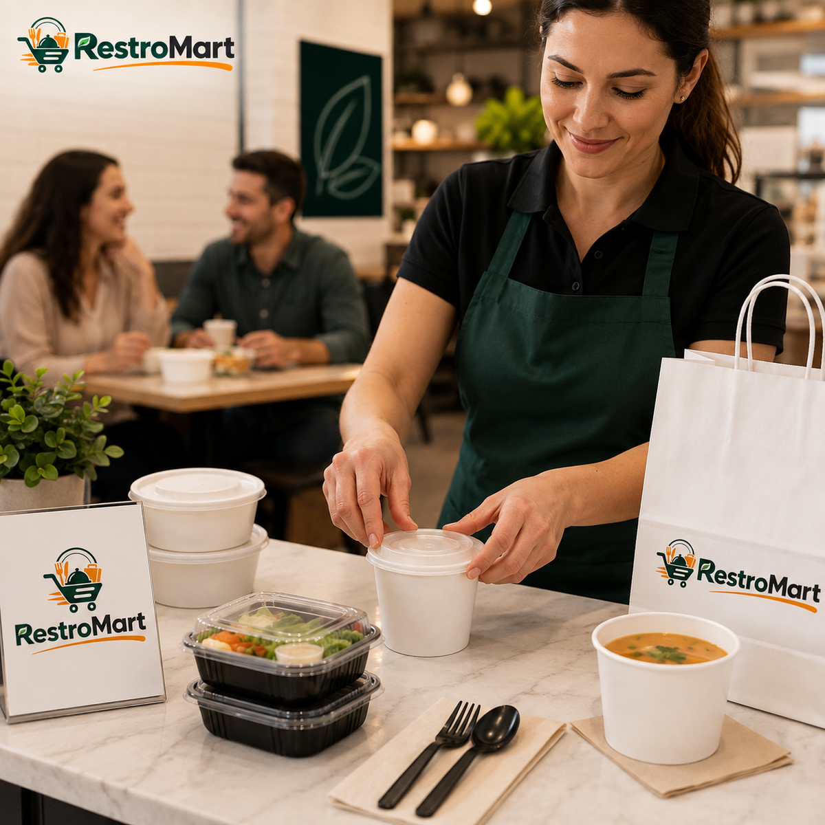 Clear Plastic Lids for 4 oz Paper Soup Bowls – 1,000/Case shown in food-service use