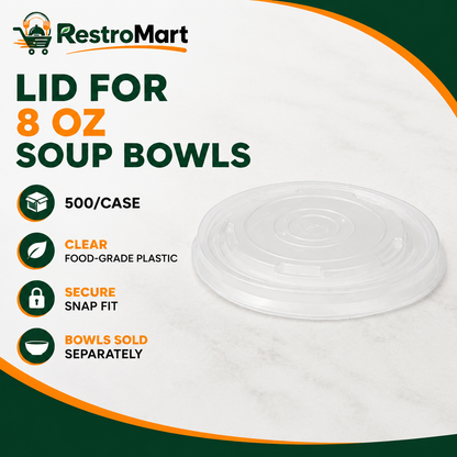 RestroMart Clear Plastic Lids for 8 oz Paper Soup Bowls – 500/Case feature graphic