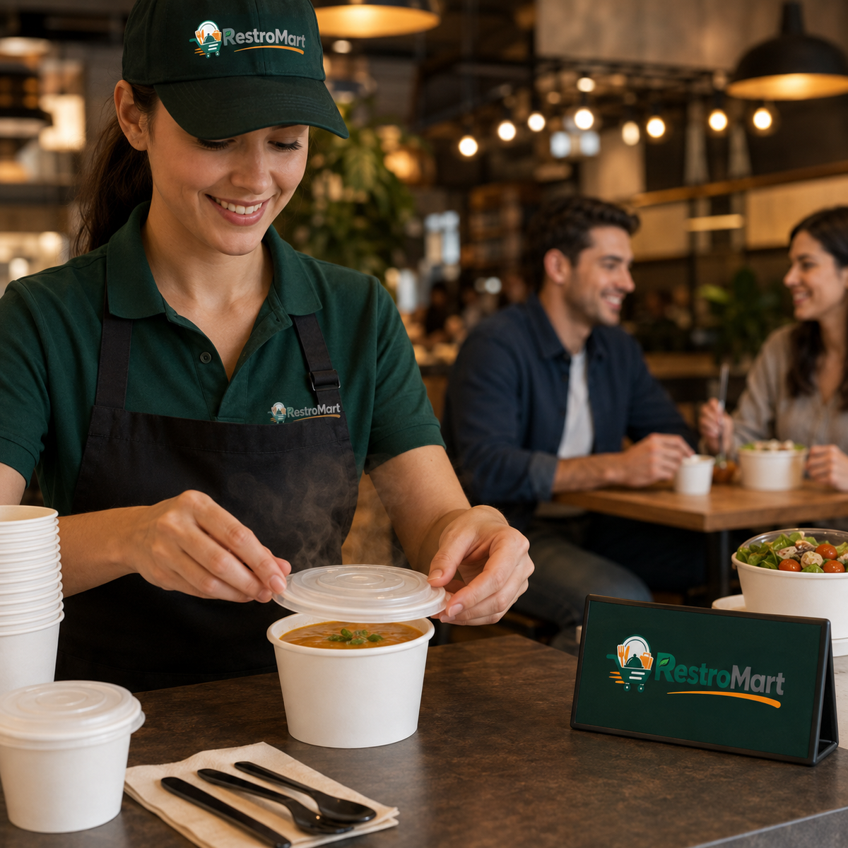 Clear Plastic Lids for 8 oz Paper Soup Bowls – 500/Case shown in food-service use