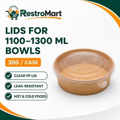RestroMart clear PP lid feature graphic for 1100 to 1300 ml kraft bowls