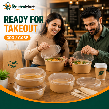 Clear PP lid securing a large kraft bowl for delivery